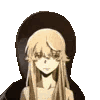 Yuno Gasai stares forward with a blank, intense expression and long blonde hair.
