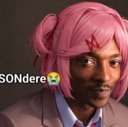A man wearing a pink anime-style wig with a distressed emoji next to his face.