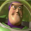 Buzz Lightyear with a distorted, smug facial expression looking directly forward.