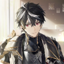 Anime boy with black hair and red eyes wearing silver and black armor.