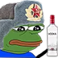 Pepe the Frog wearing a grey ushanka hat with a red star, looking sad next to a bottle of vodka.