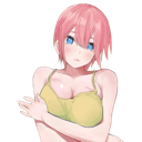 Ichika Nakano looking shy and bashful with pink hair and blue eyes.