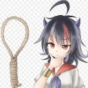 Anime girl with a smug expression standing next to a hanging noose.