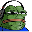Pepe the Frog wearing large black headphones with a smug, side-eye expression.