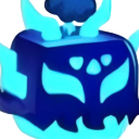 A dark blue blocky creature with glowing cyan eyes and horns.