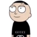 Morty Smith wearing a black Gucci t-shirt with a smug expression.