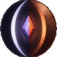 A spherical orb with a glowing diamond center split between purple and orange hues.