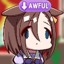Anime girl with a deadpan expression and a purple tag above her head that says AWFUL.