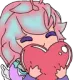 Anime girl with pink hair holding a large red heart against her chest with a happy expression.