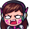D.Va with brown hair and pink face markings screaming with white eyes in a chibi art style.