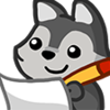 A gray wolf character smiling while writing on a piece of paper with a pencil.