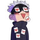 Satoru Gojo with a blindfold and heart stickers on his face and clothes, looking completely lovestruck.