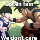Goku places a hand on Gohan's shoulder with the text Listen fam We don't care overlaid on the image.