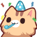 A cute brown cat wearing a blue polka-dot party hat and blowing a blue party horn.