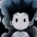 Gon Freecss with a blank, neutral expression and dark aura background.