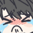 Anime boy face with closed eyes, a blushing nose, and large blue tears streaming down.