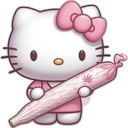 Hello Kitty holding a hand-rolled joint with a small cannabis leaf icon on it.
