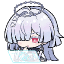 Chibi anime girl with a halo resting her chin on her hand while looking thoughtful.