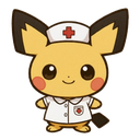 Pichu wearing a white nurse hat and uniform with a red cross emblem.