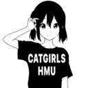 Anime girl scratching her head while wearing a black t-shirt with the text CATGIRLS HMU.