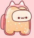 Among Us crewmate with cat ears and a bread-like body displaying an uwu face.
