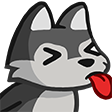 A cartoon wolf with eyes closed and tongue sticking out in a playful expression.