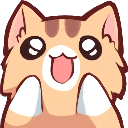 A cute orange cat with wide, sparkling eyes and an open mouth, raising its paws in excitement.