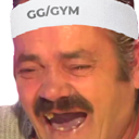 El Risitas laughing hysterically while wearing a white headband labeled GG/GYM.