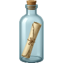 A glass bottle with a cork stopper containing a rolled-up parchment scroll.