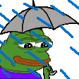 Pepe the Frog holding a gray umbrella while standing in the rain.