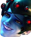 Widowmaker from Overwatch wearing her spider visor with a distorted, smug trollface expression.