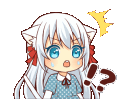 Anime cat girl with white hair and blue eyes looking confused with question marks and exclamation points.