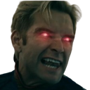 Homelander with glowing red laser eyes looking intensely angry.