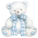 White teddy bear sitting upright wearing a blue and white checkered bow.
