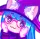 A blue-haired anime witch with cat ears and a purple hat smiling mischievously.