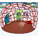 Club Penguin igloo interior with a blue door and simple furniture.