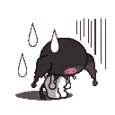 Kuromi looking downward with sweat drops appearing around her head in a stressed expression.