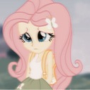 Fluttershy with long pink hair looking down with a sad and shy expression.