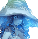 Ranni the Witch with glowing blue skin and hair stares intensely with a calm, mysterious expression.