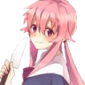 Yuno Gasai with pink hair holding a kitchen knife and smiling with a mischievous expression.