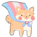 A cute Shiba Inu puppy wearing a trans pride flag cape and smiling.