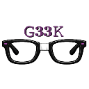 Glasses with the text G33K written in purple above them on a black background.