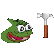 Pepe the frog character repeatedly hitting its own head with a hammer in a chaotic animation.