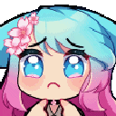 Anime girl with blue and pink hair making a sad, pleading face with large watery eyes.