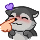 A cute gray wolf character smiling with a purple heart above its head while a finger boops its nose.