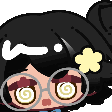 A cute character with black hair, glasses, and a small yellow flower, displaying swirling eyes to represent dizziness.