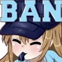Anime girl wearing a cap blowing a whistle with the word BAN written in large blue letters above her head.
