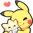 Pikachu hugging Togepi with a small pink heart floating above them.