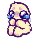 A tiny yellow fluffy creature with large eyes shedding blue tears while holding its hands to its face.