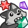 A cartoon wolf biting a green gemstone with a red star and purple crystal floating in the background.